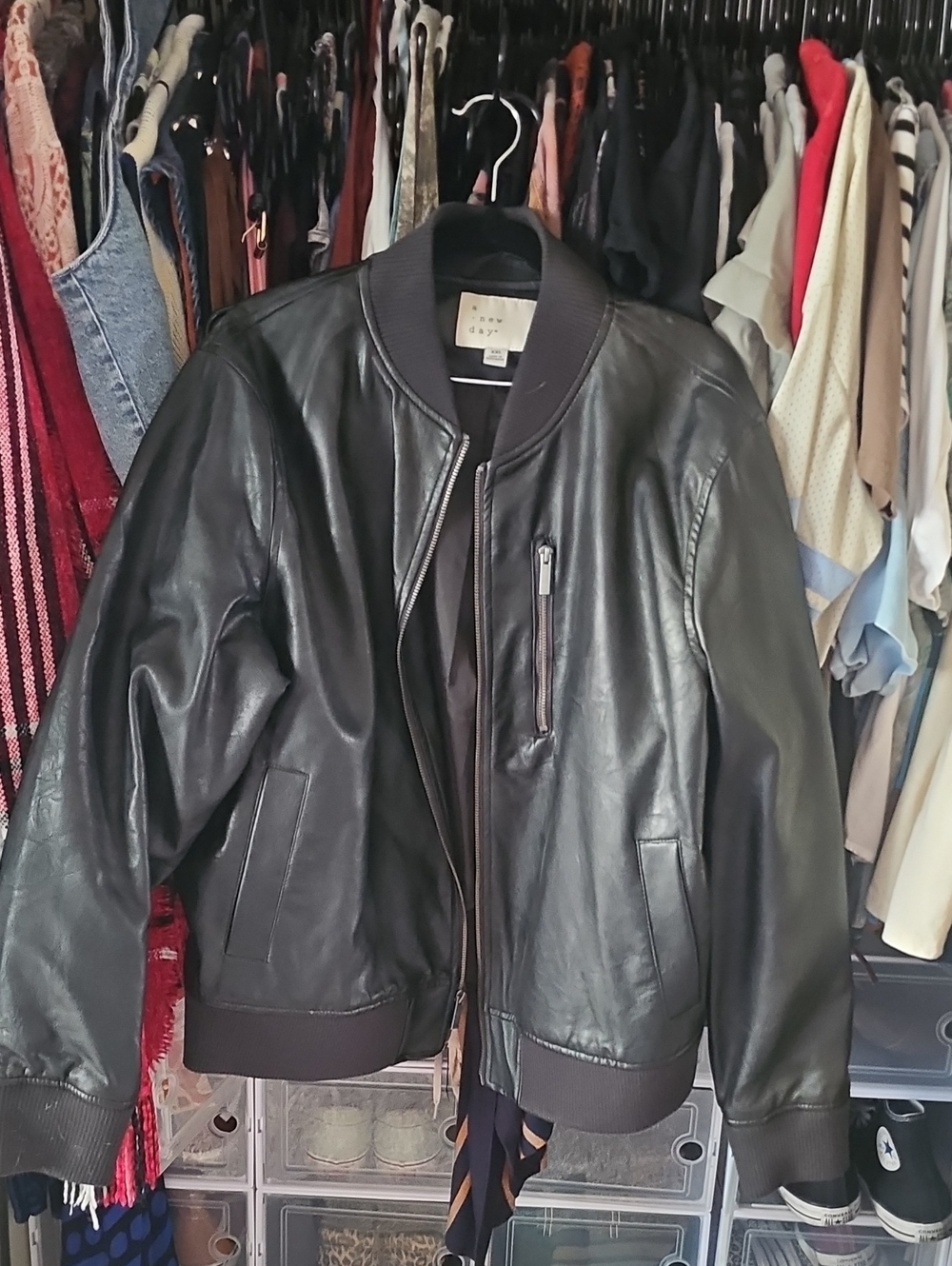 a new day Black Leather Bomber Jacket